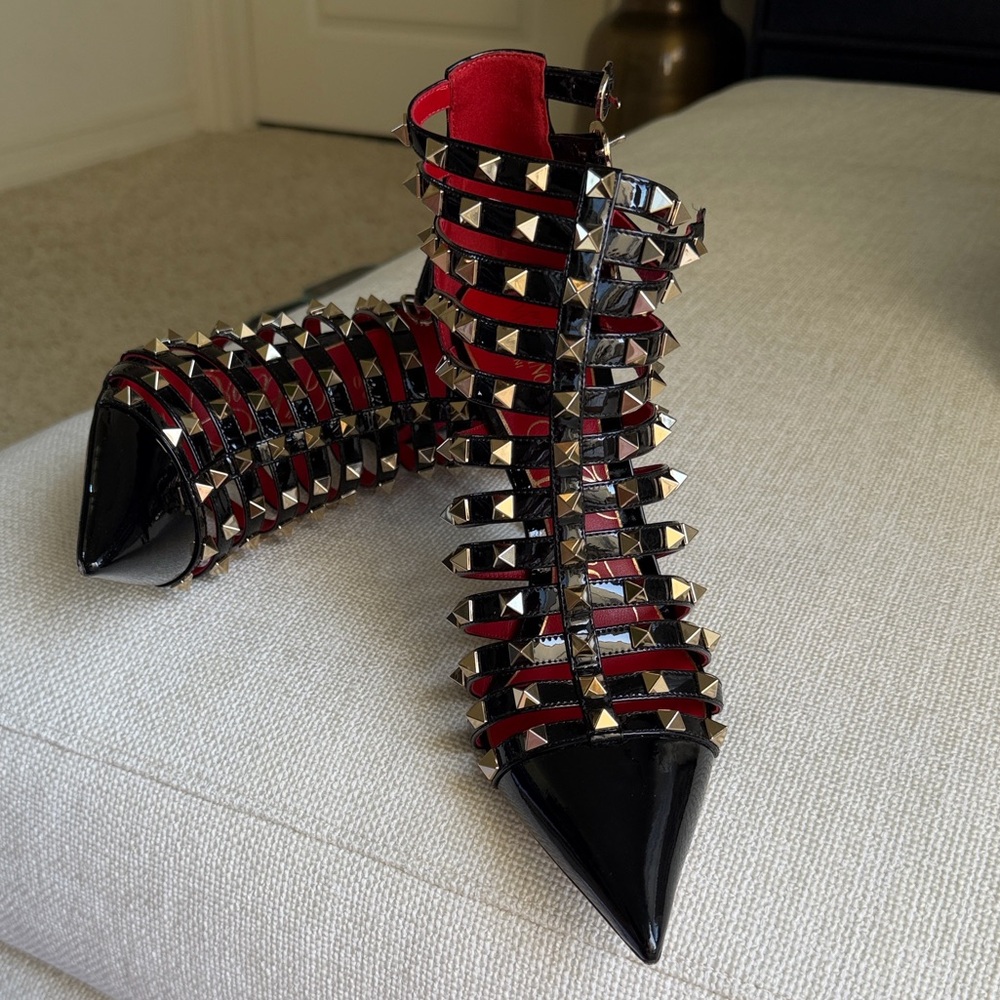 Valentino Garavani Black Patent and Red Studded Cage Stilettos - Picture 5 of 8